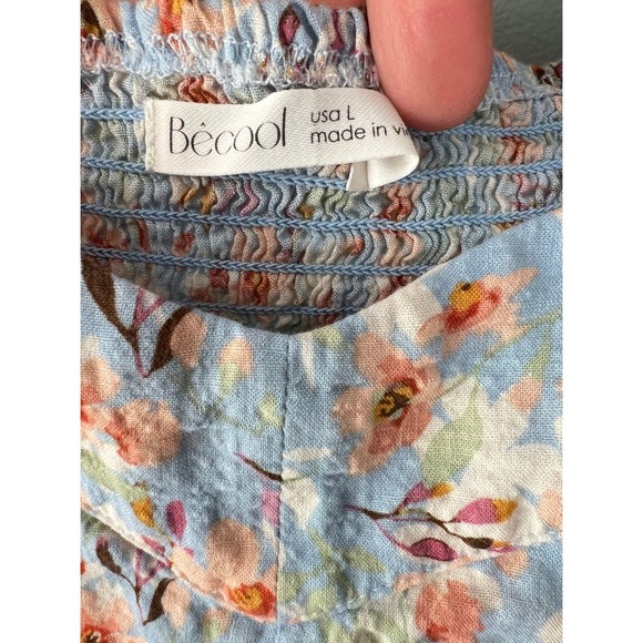Becool Floral Babydoll Top Smocked Square Neck Puff Sleeve Blouse Cute size L - Picture 4 of 6